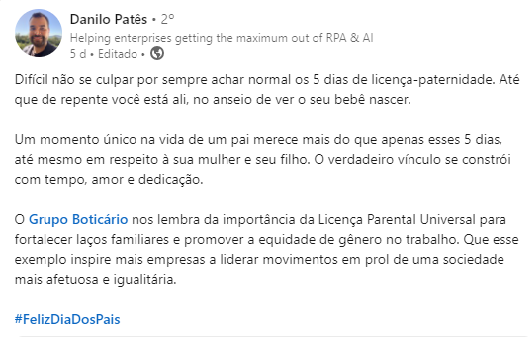 Danilo Patês - relato no LinkedIn
